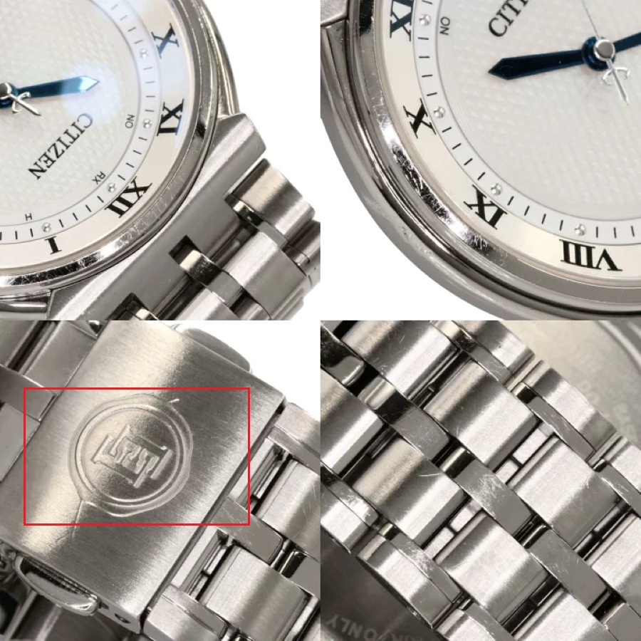 Chi tiết mẫu đồng hồ Citizen Exceed, nổi bật với khung đỏ khoanh vùng biểu tượng hai chữ E (Double E mark) được khắc trên phần khóa gập.
