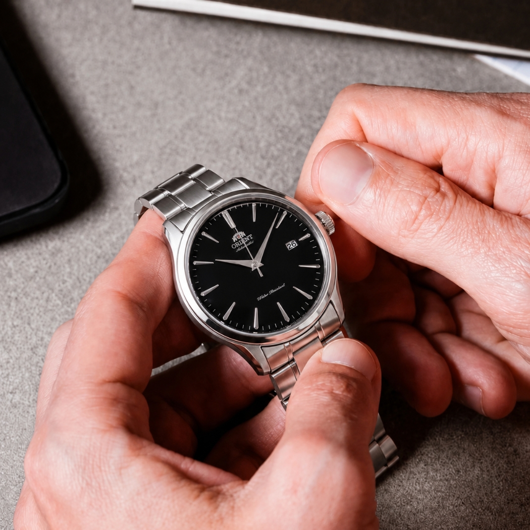 Thao tác chỉnh giờ bằng núm vặn trên đồng hồ Orient Automatic