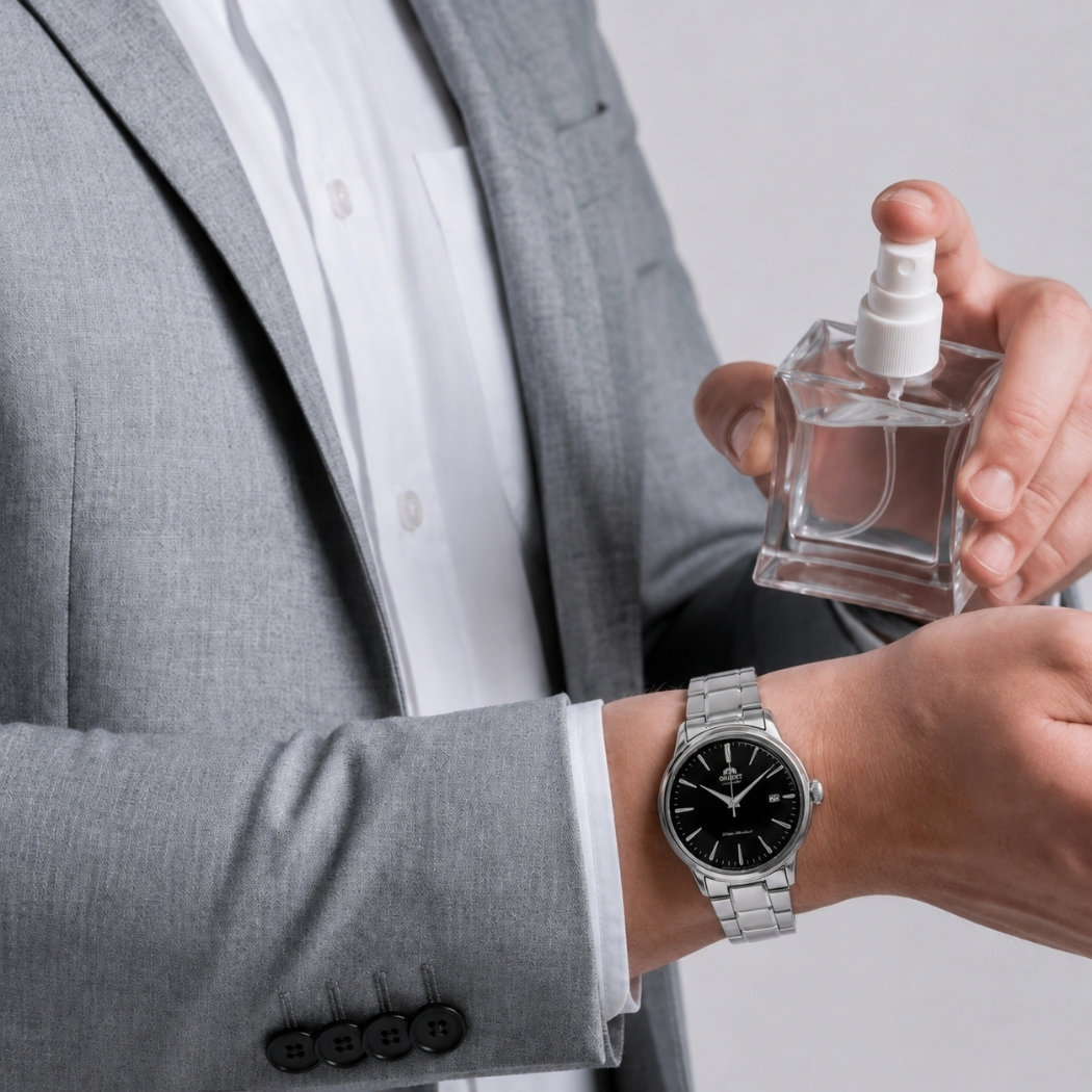 Hóa chất từ mỹ phẩm có thể ảnh hưởng đến dây đeo và các chi tiết bên ngoài đồng hồ.