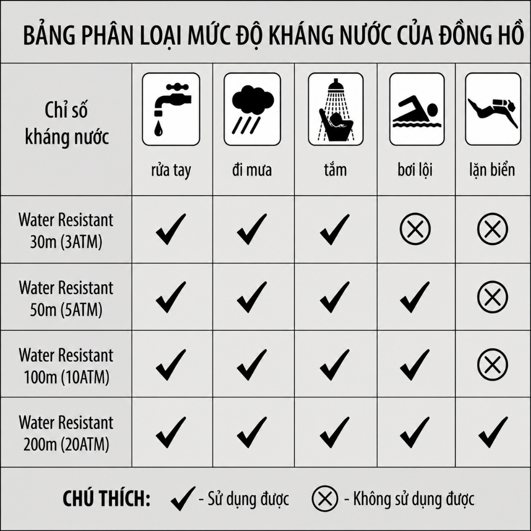Các mức chống nước phổ biến trên đồng hồ Orient Water Resistant từ 3ATM đến 20ATM