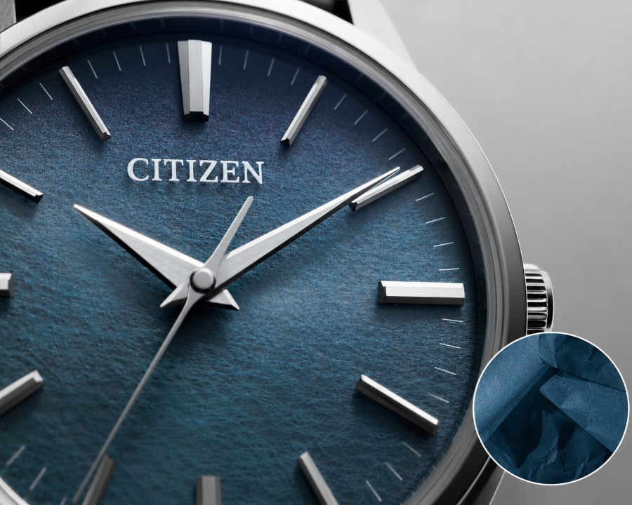 Mặt số giấy thủ công Tosa Washi nhuộm chàm màu xanh lam của đồng hồ The Citizen Chronomaster.
