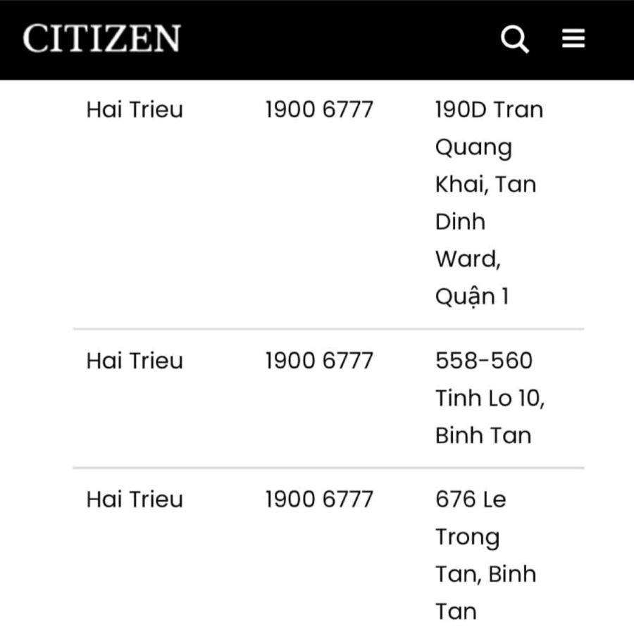 Danh sách các chi nhánh của Đồng Hồ Hải Triều được xác thực trên website chính thức của thương hiệu Citizen.