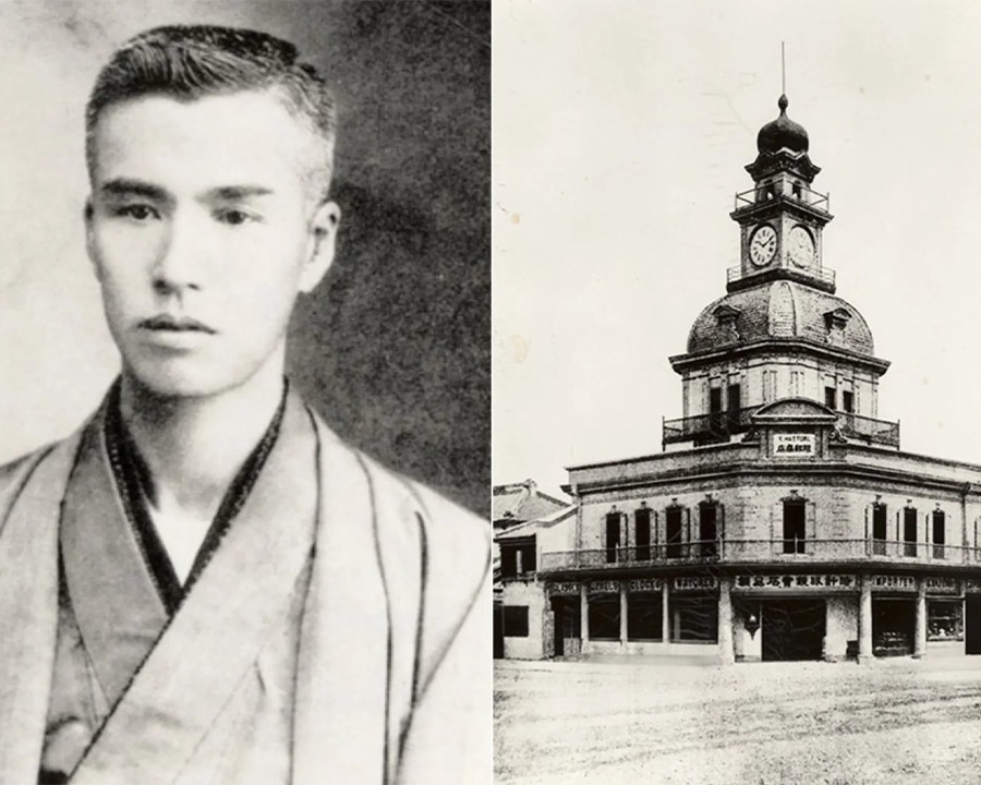 Bên trái là chân dung Kintaro Hattori mặc kimono, bên phải là tòa nhà cửa hiệu đồng hồ Hattori có tháp chuông tại Nhật Bản.