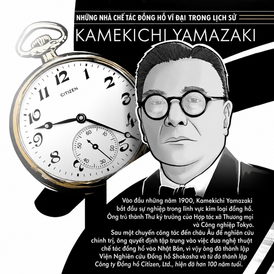 Nhà chế tác Kamekichi Yamazaki đeo kính tròn, bên cạnh chiếc đồng hồ bỏ túi Citizen.