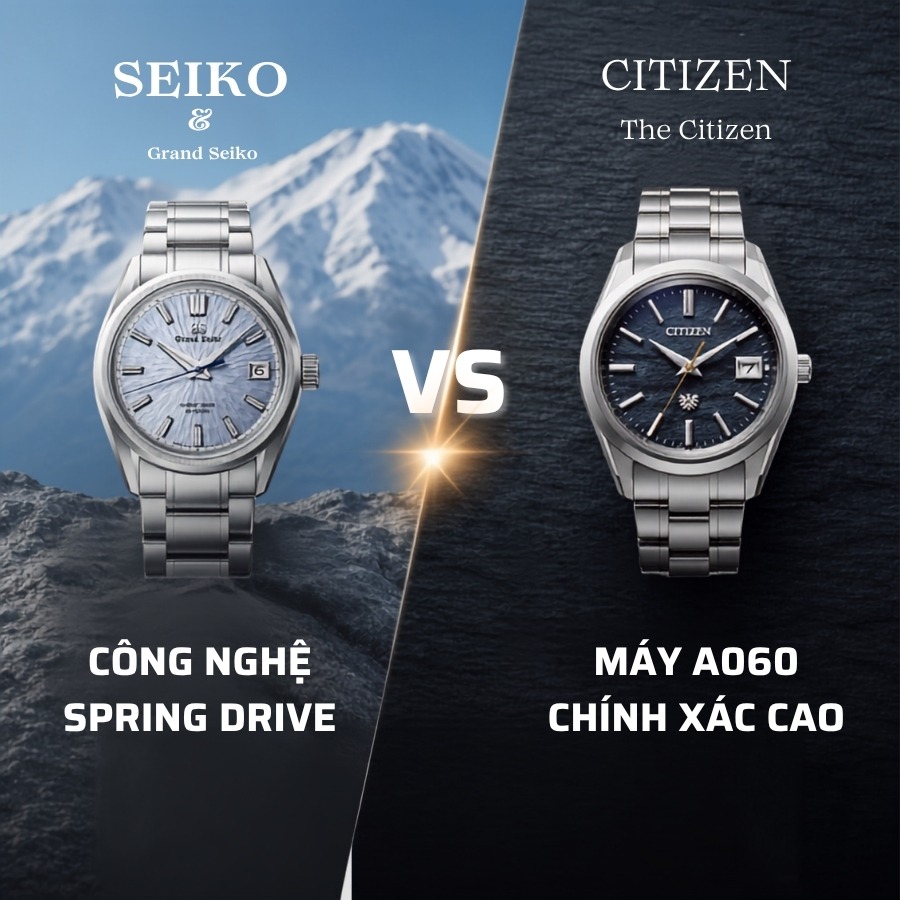 So sánh hai dòng đồng hồ cao cấp Nhật Bản: Bên trái là Grand Seiko, bên phải là The Citizen.