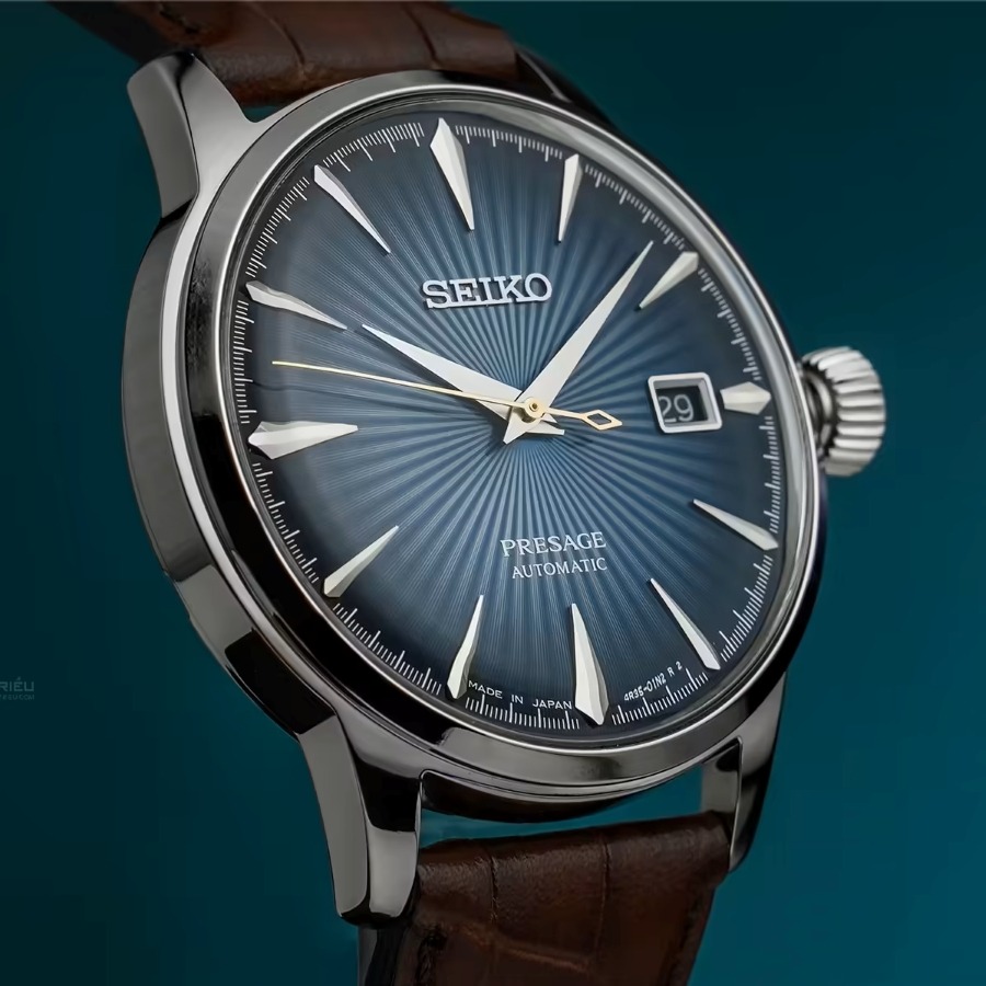 Dòng đồng hồ nam Seiko Presage với mặt số họa tiết tia hướng tâm độc đáo.