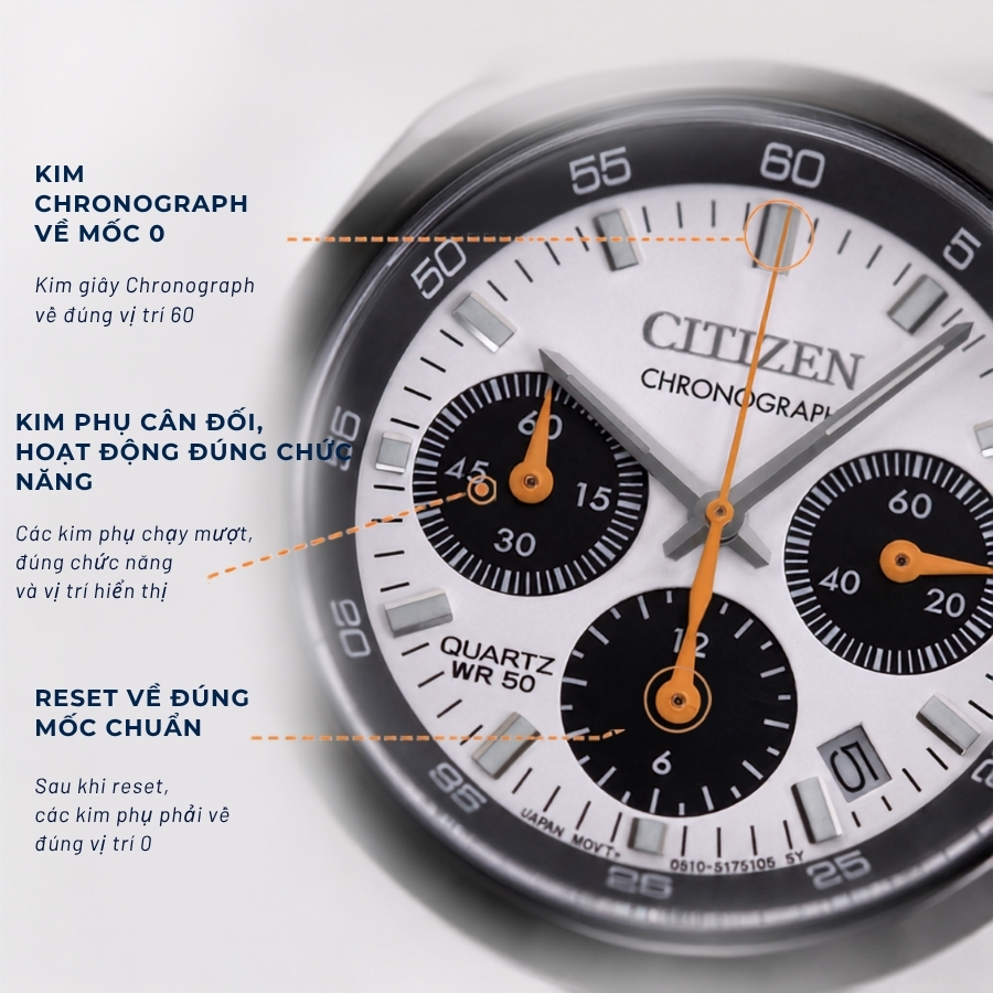 Cận cảnh mặt số đồng hồ Citizen Chronograph chính hãng hướng dẫn kiểm tra độ cân đối và chính xác của kim giây, kim phụ.
