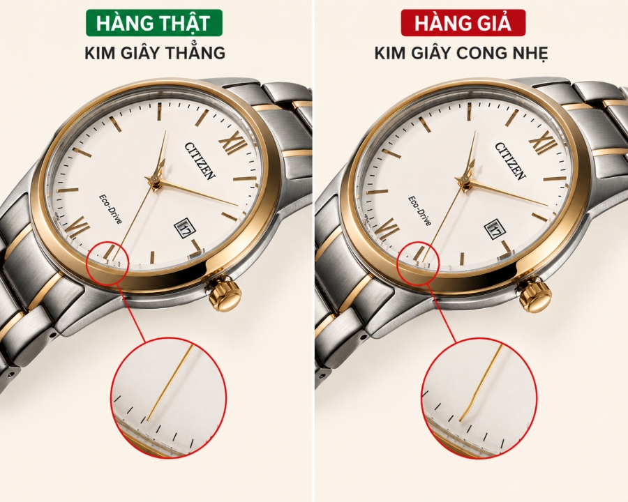 So sánh kim và cọc số trên đồng hồ Citizen hàng giả và hàng thật.