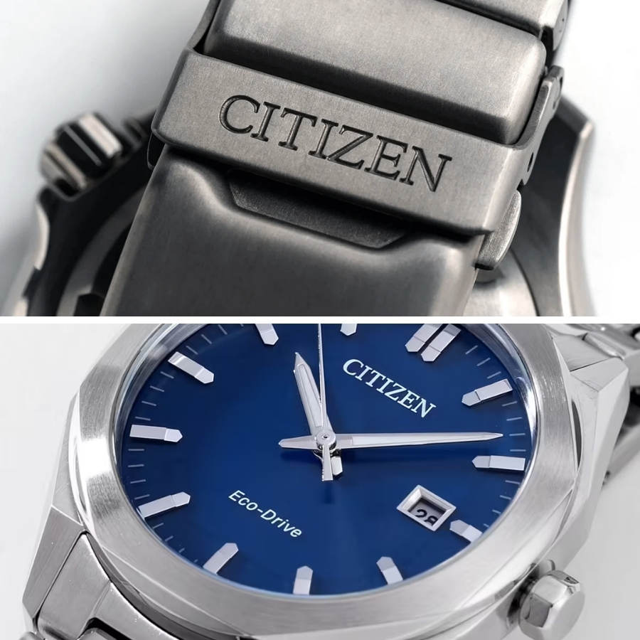 Logo Citizen được khắc sắc nét trên khóa dây kim loại và in cân đối trên mặt số màu xanh của đồng hồ Eco-Drive chính hãng.