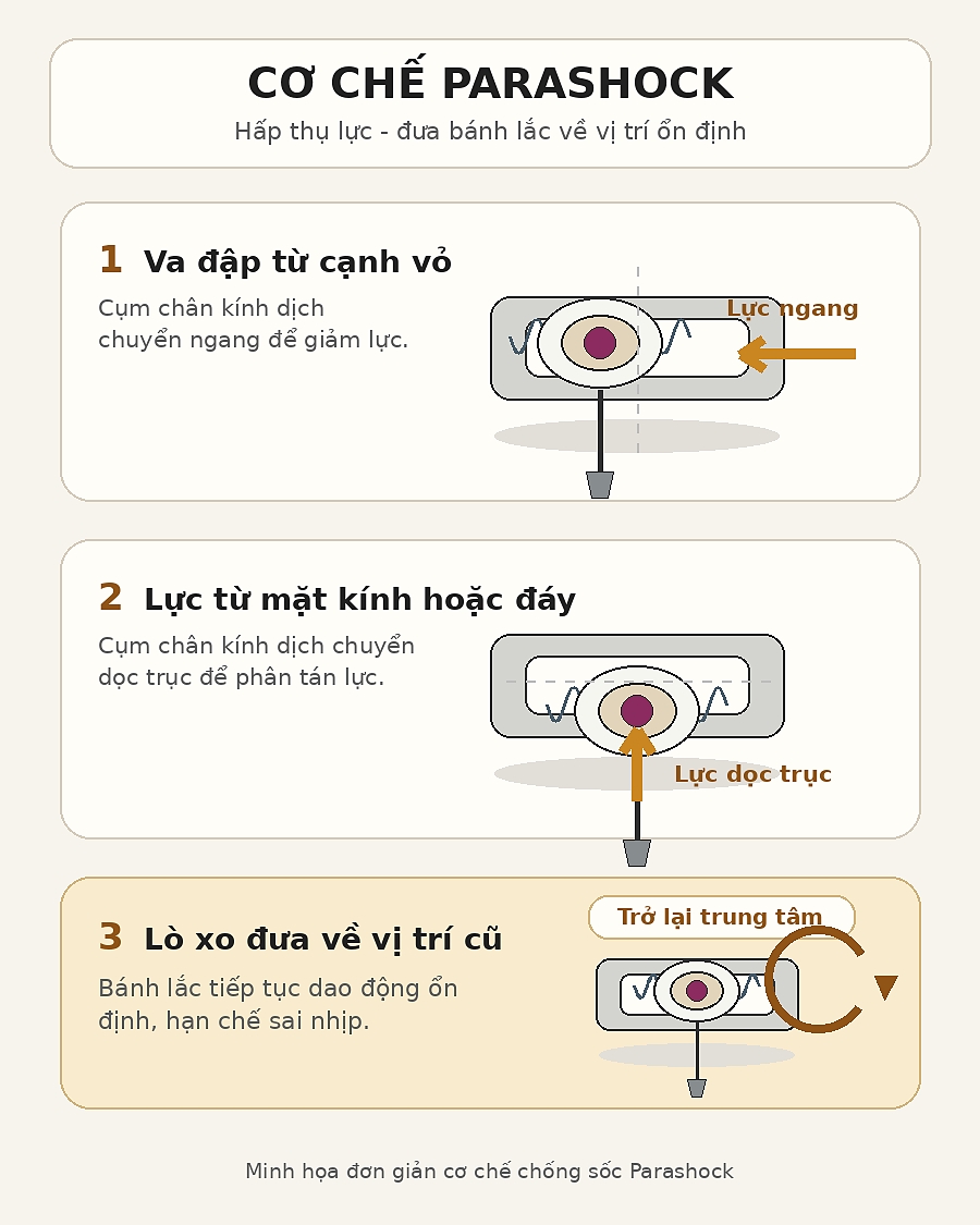 Minh họa cách Parashock hấp thụ lực va đập trong máy Citizen.