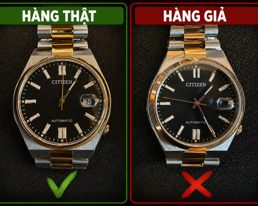 So sánh trực diện mặt số đồng hồ Citizen Automatic thật và giả để nhận biết sự khác biệt về độ sắc nét của kim, cọc số.