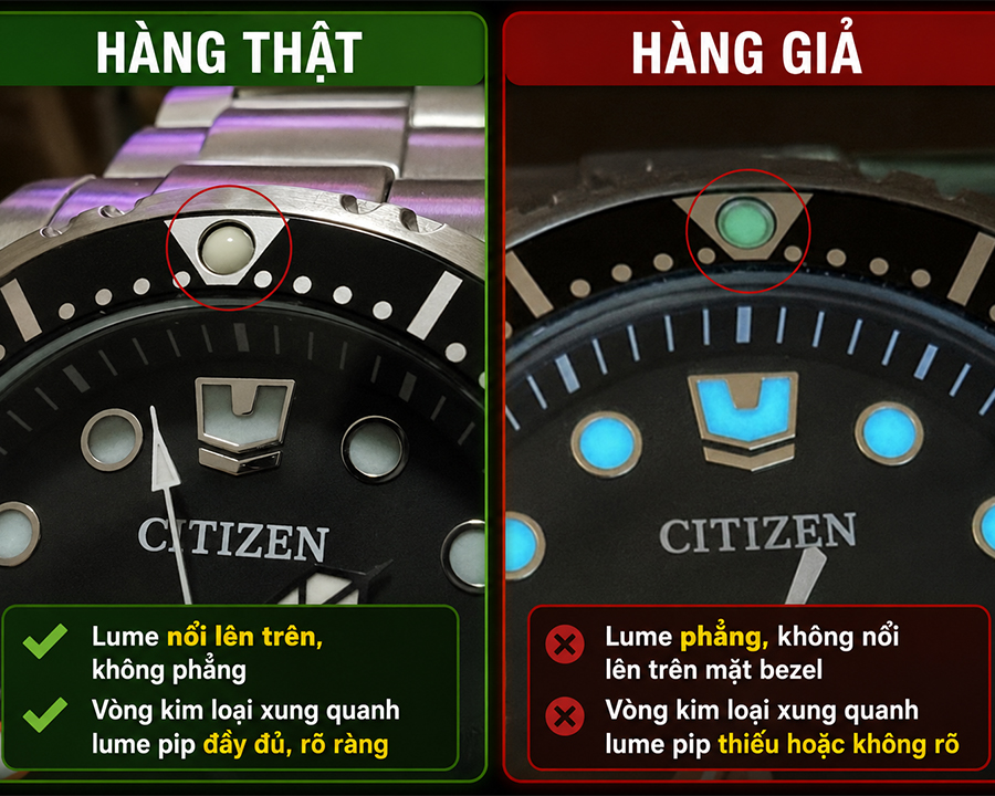 Cách quan sát dạ quang trên kim và cọc số đồng hồ Citizen.