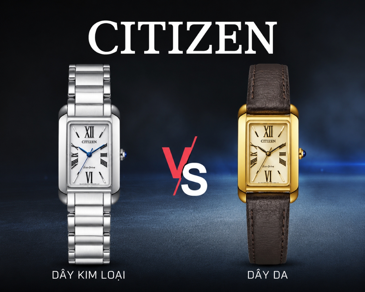 So sánh dây kim loại và dây da trên đồng hồ Citizen Eco-Drive Sapphire.