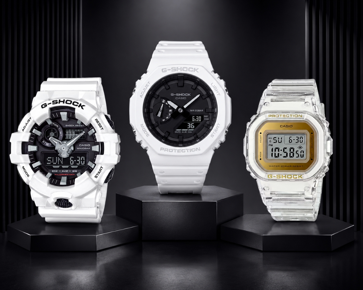 G-Shock trắng có đa dạng kiểu thiết kế từ mặt tròn, bát giác đến mặt vuông cổ điển.