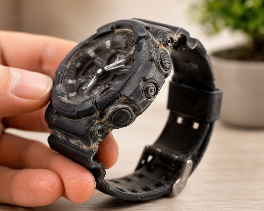 Vệ sinh G-Shock khi nút bấm, khe rãnh và mắt dây nhiều bụi bẩn.
