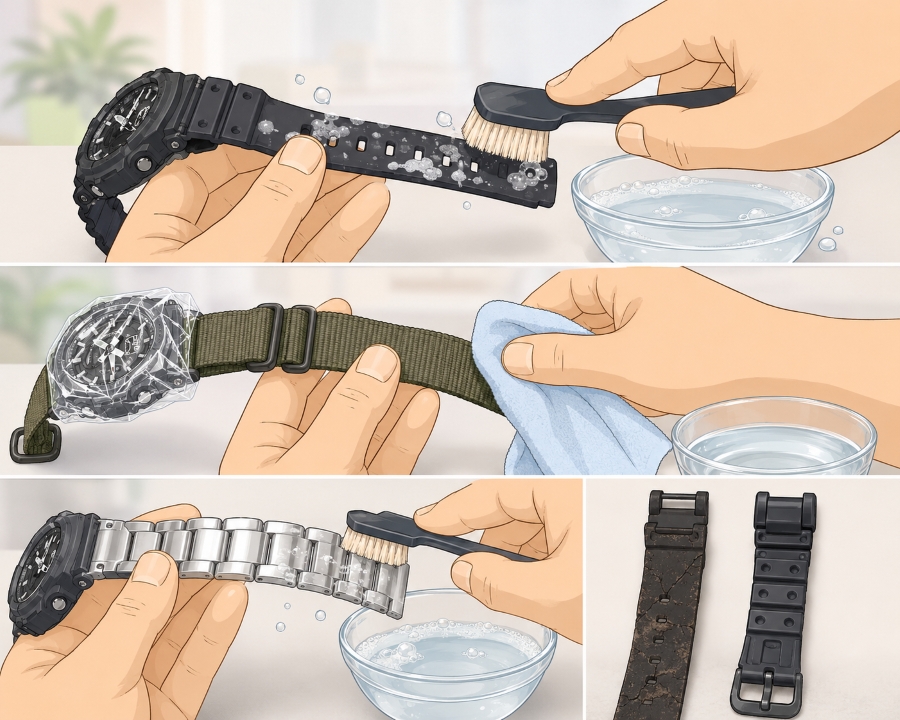 Làm sạch 3 loại vật liệu dây đeo đồng hồ G-Shock.