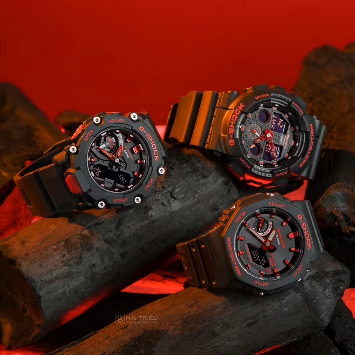 G-Shock GA-2200BNR-1ADR, GA-100BNR-1ADR và GA-B2100BNR-1ADR phối đen đỏ dễ đeo.