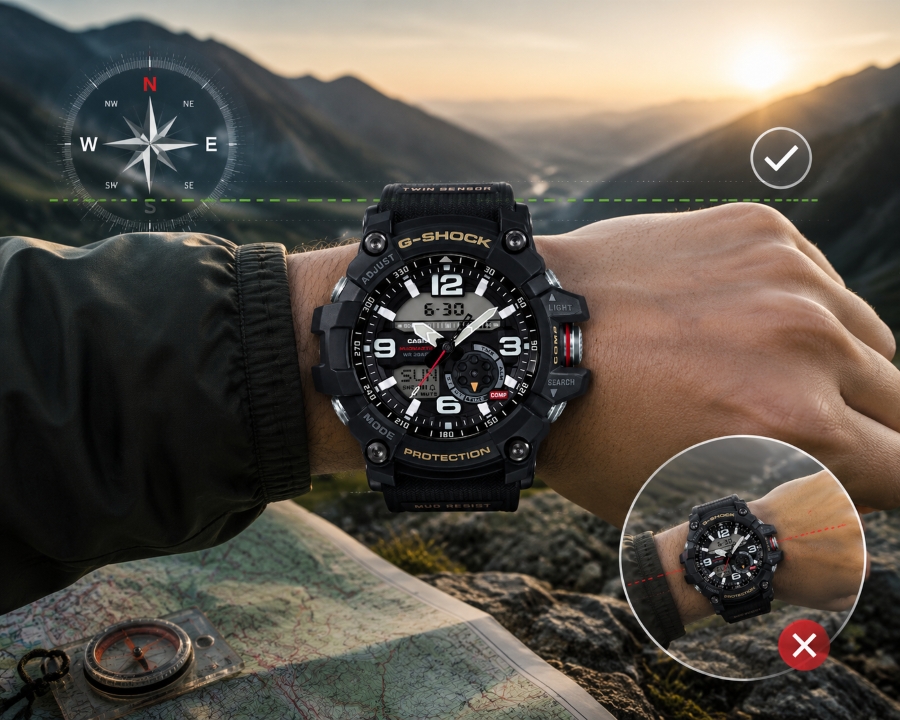 Tư thế tay đúng khi dùng la bàn đồng hồ Twin Sensor G-Shock.