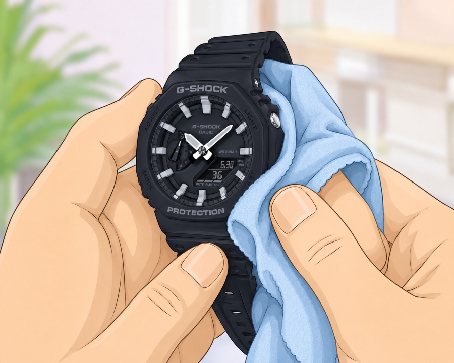 Lau khô G-Shock bằng khăn mềm.