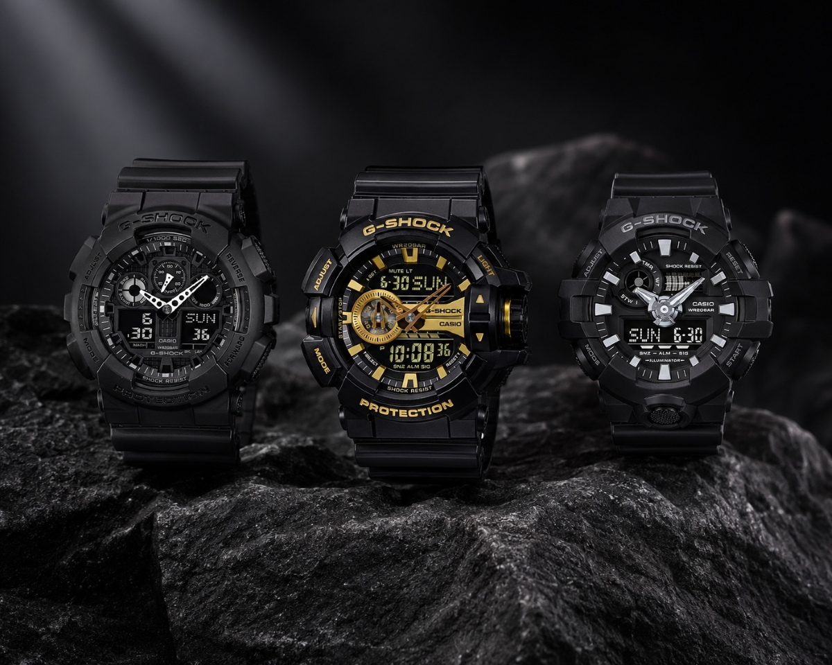 Ba mẫu G-Shock đen thuộc dòng GA-100, GA-400 và GA-700.