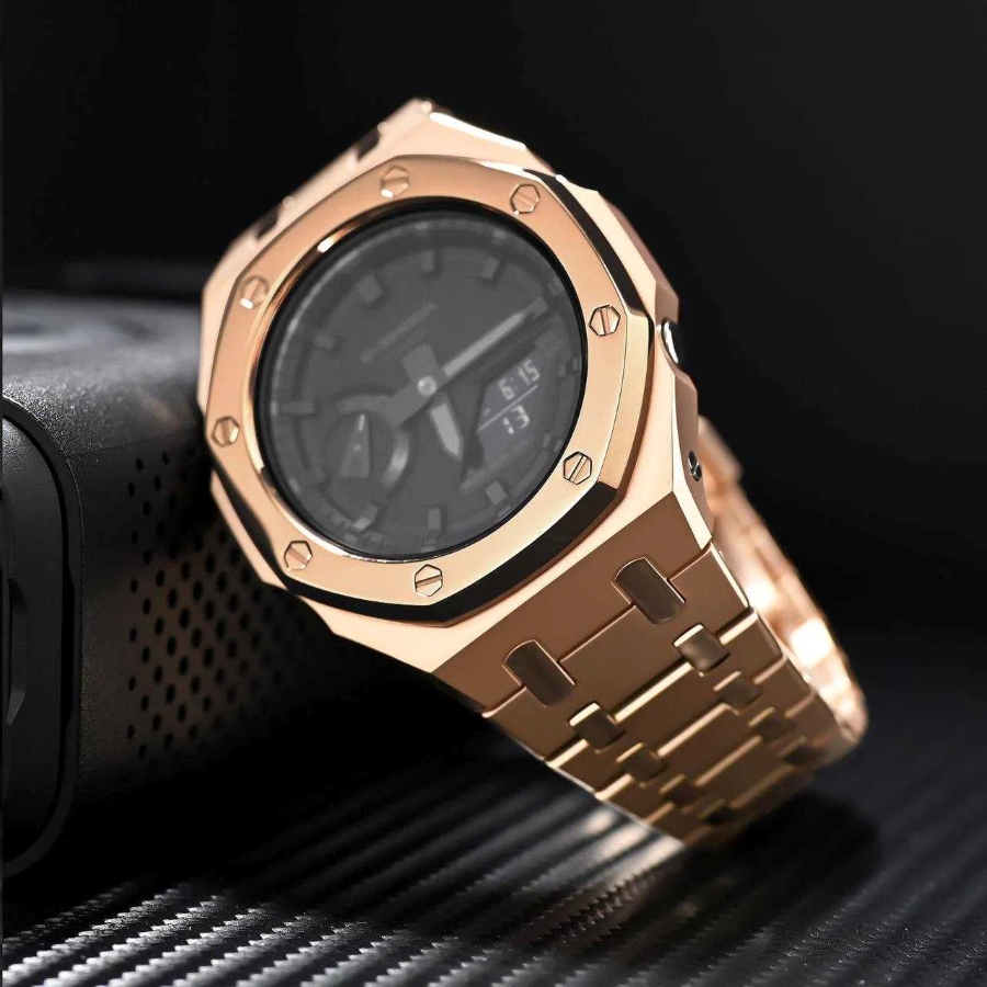 Đồng hồ GA mặt bát giác custom kim loại vàng hồng.