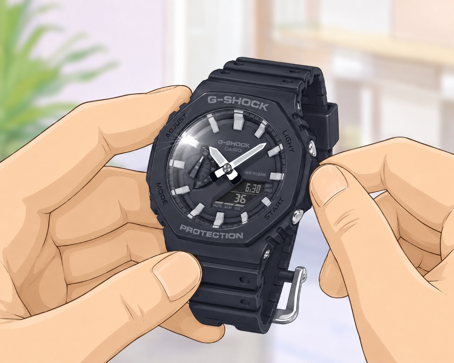 Kiểm tra kính, nút bấm và dây sau khi vệ sinh đồng hồ G-Shock.