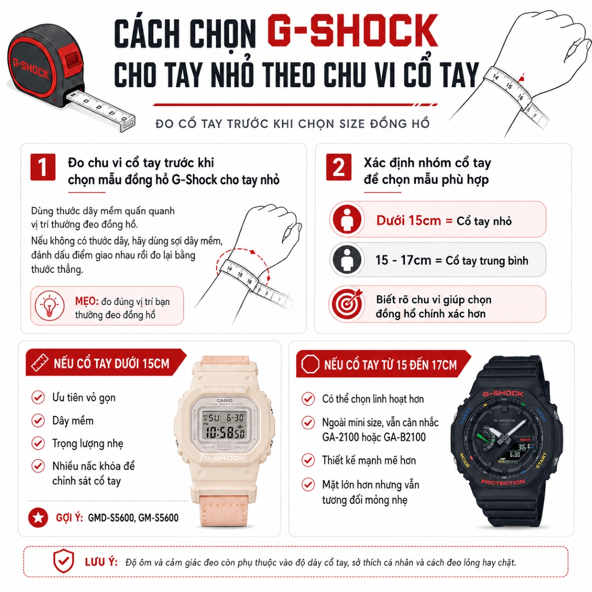 Hướng dẫn đo chu vi cổ tay trước khi chọn mẫu đồng hồ G-Shock cho tay nhỏ.