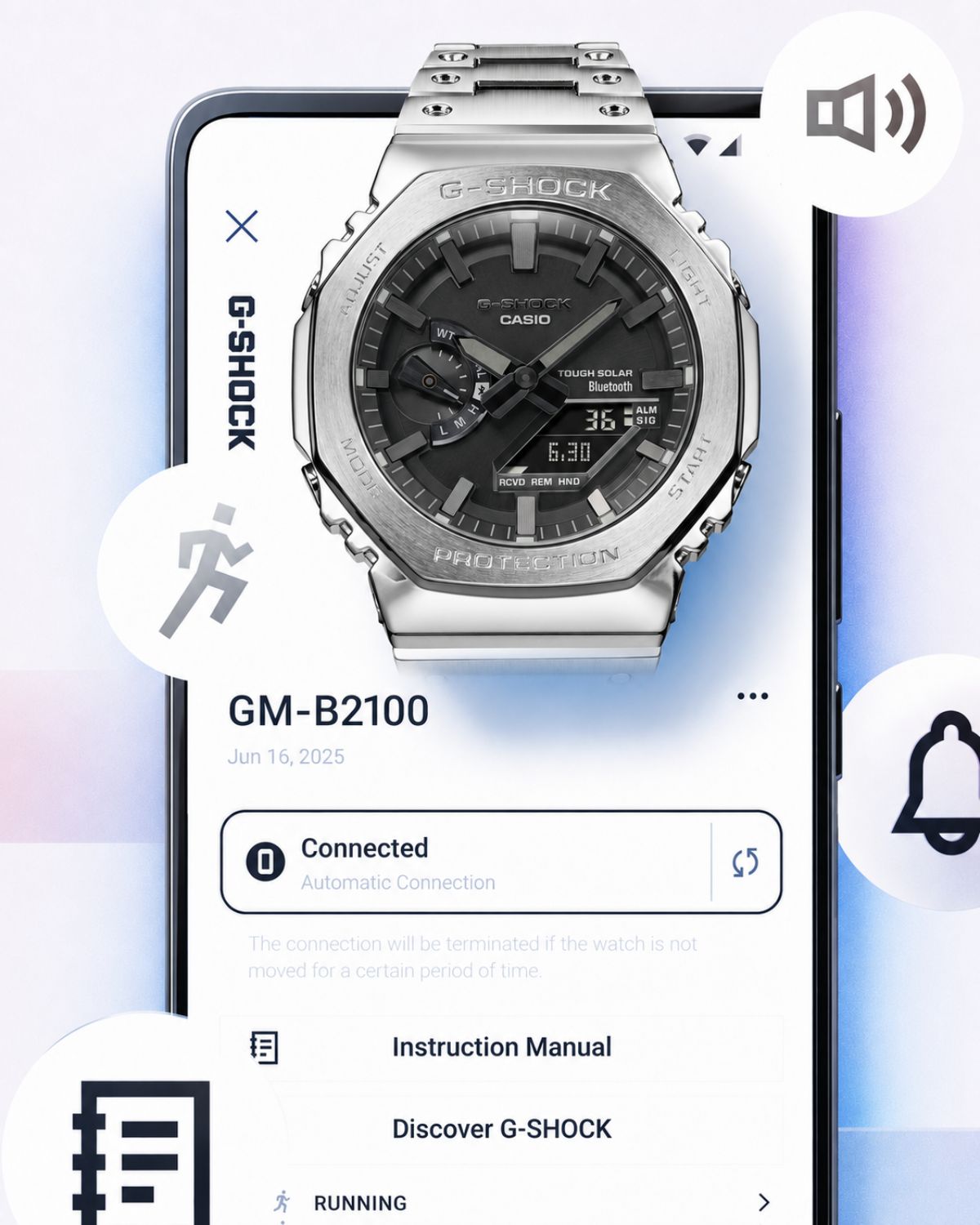 Tough Solar và Bluetooth trên đồng hồ GM-B full kim loại.