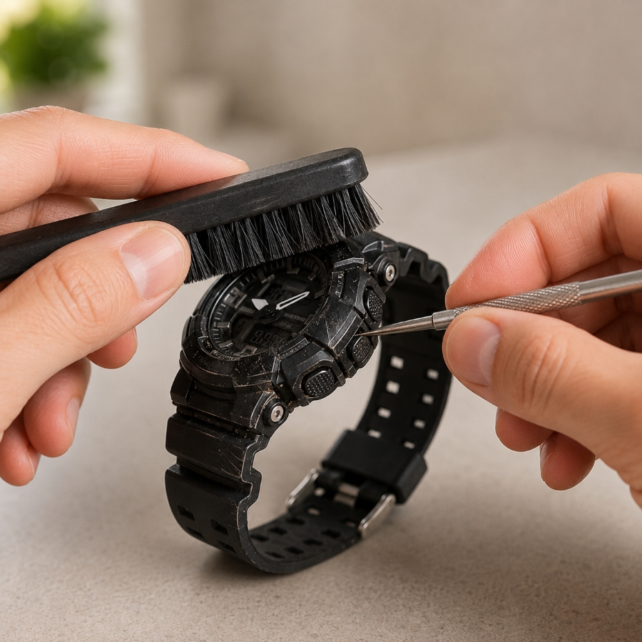 Chà đồng hồ G-Shock bằng bàn chải cứng hoặc vật nhọn.