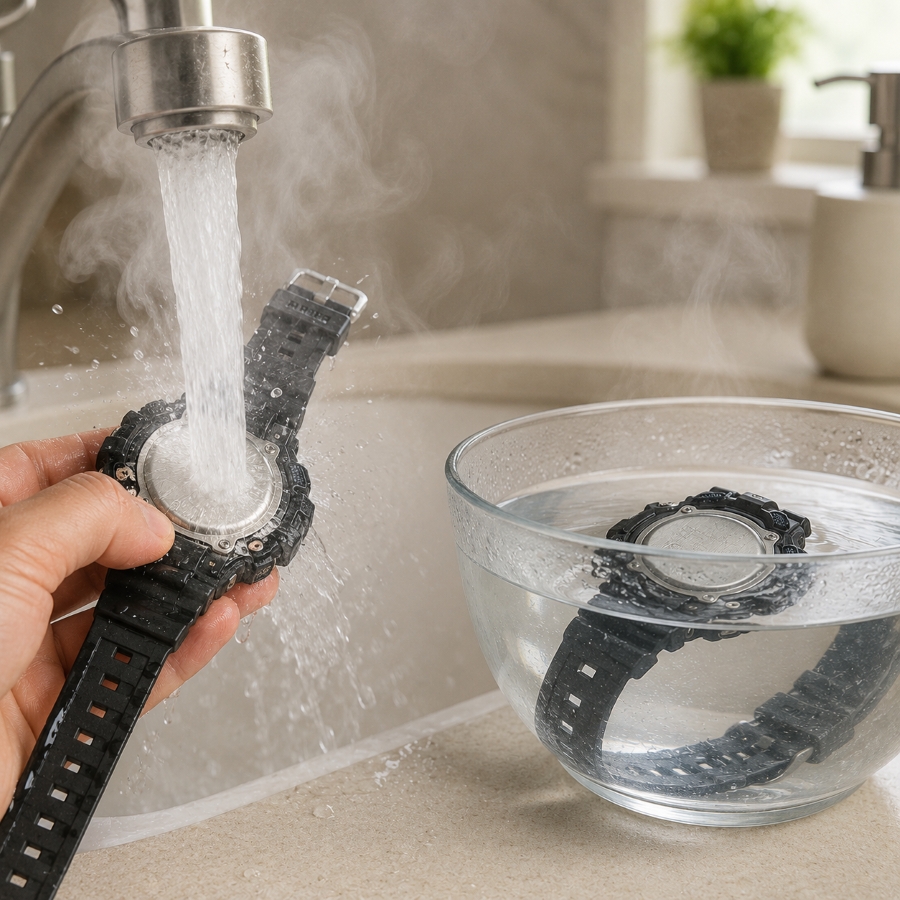 Rửa đồng hồ với nước nóng.