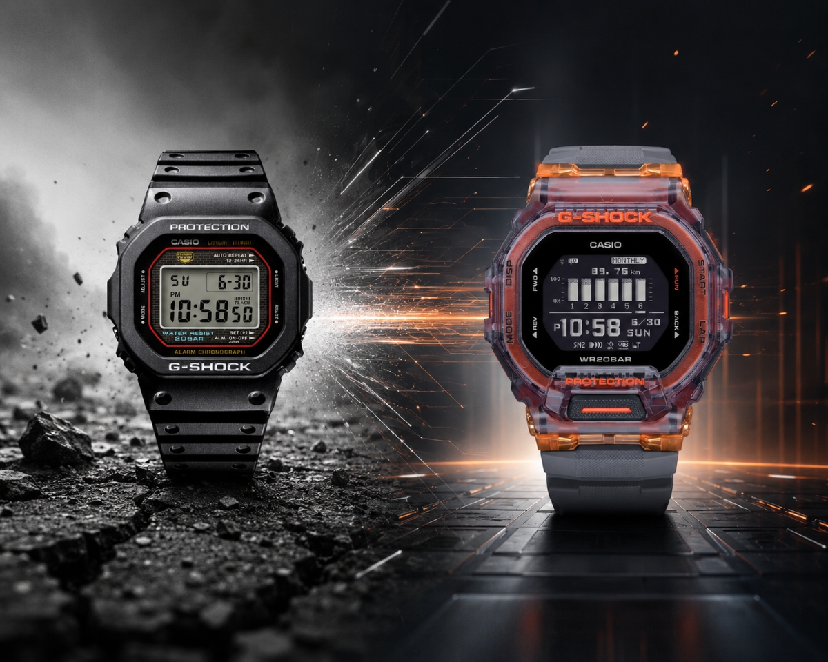 Đồng hồ G-Shock DW-5000C truyền thống và G-Shock GBD-200SM-1A5 hiện đại.