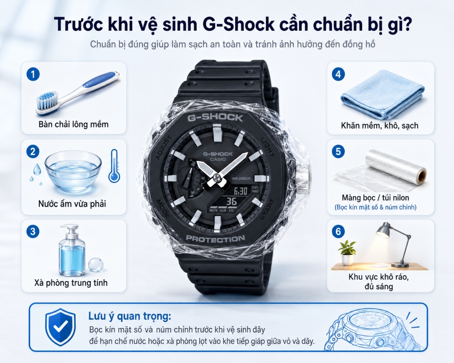 Các dụng cụ cần chuẩn bị khi vệ sinh đồng hồ G-Shock.