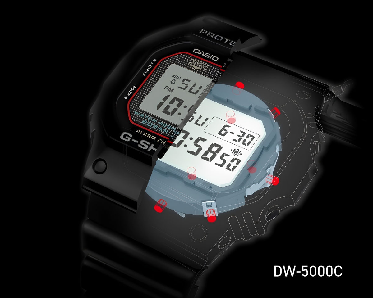 Khung viền vuông bo góc của đồng hồ mặt vuông DW-5000C.