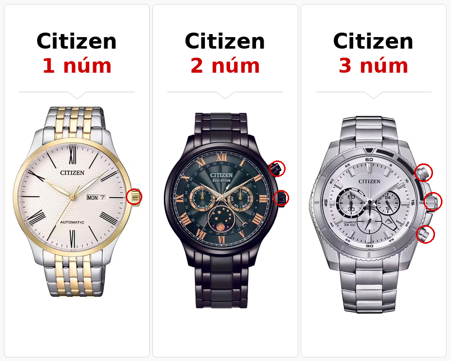 3 mẫu đồng hồ Citizen 1 núm, 2 núm và 3 núm.