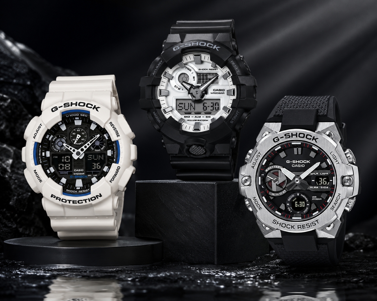 Ba mẫu đồng hồ G-Shock trắng mặt tròn GA-100B-7A, GA-700WD-1A và GST-B400-1A.