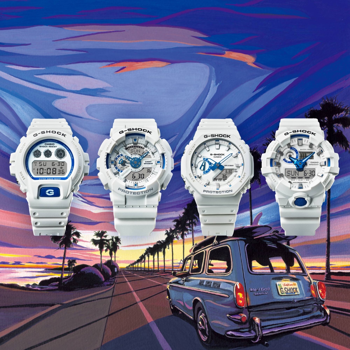 Bốn mẫu G-Shock màu trắng với bốn form mặt khác nhau.