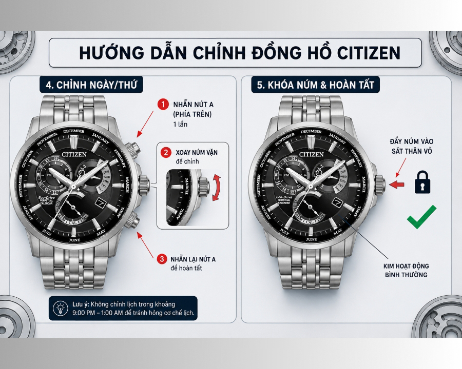 Hướng dẫn chỉnh ngày trên đồng hồ Citizen 6 kim bằng núm chỉnh nấc 1.