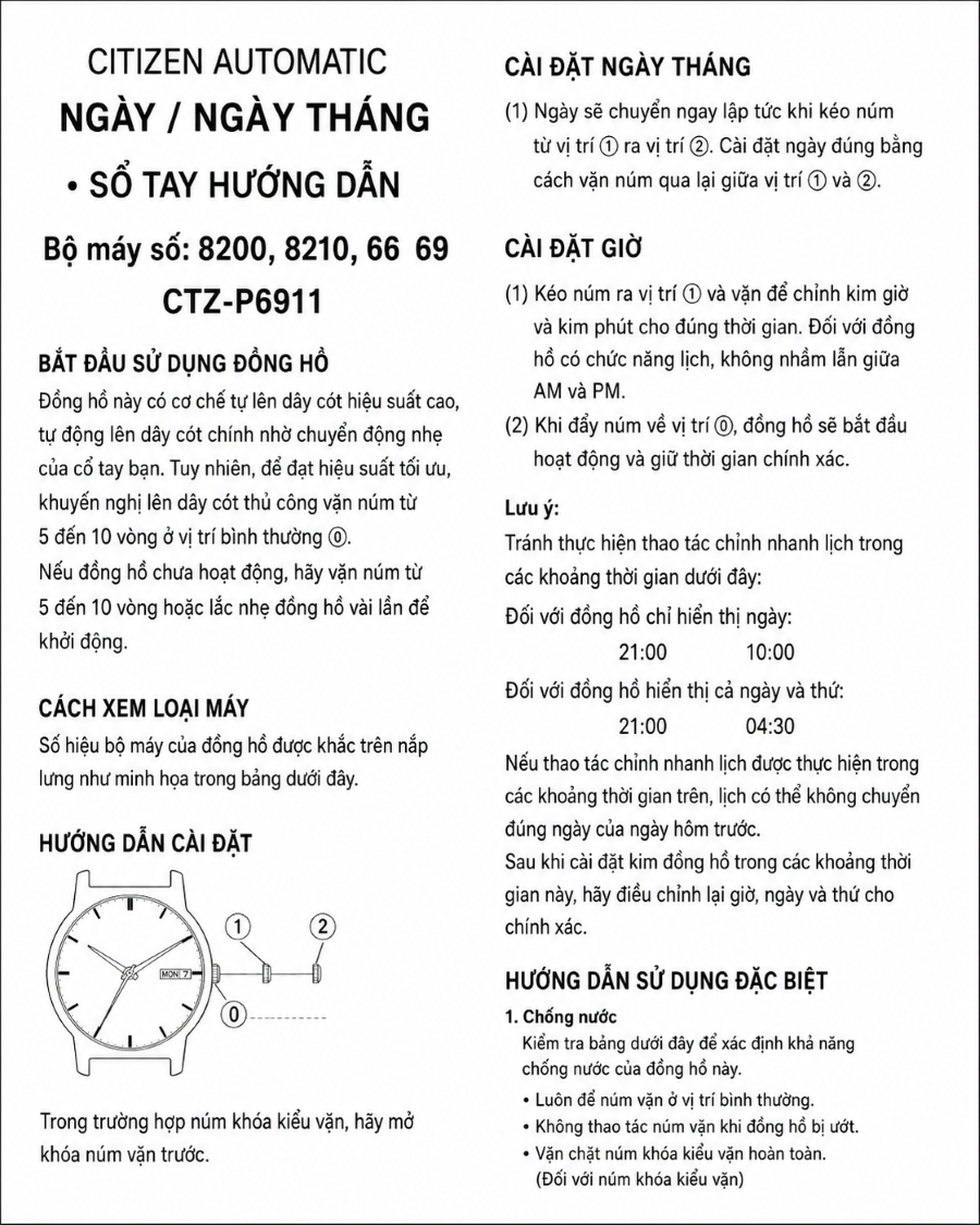 Trang hướng dẫn sử dụng đồng hồ Citizen Automatic hiển thị cách chỉnh ngày, giờ, vị trí núm 0-1-2 và lưu ý khi cài đặt máy.