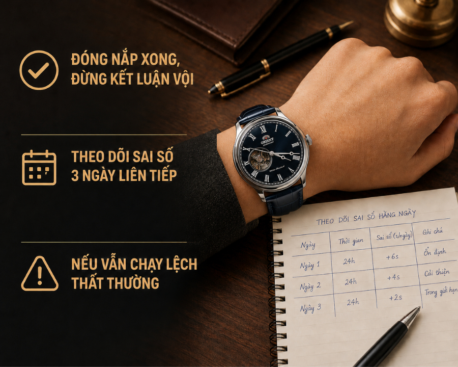 đeo lại đồng hồ và theo dõi vài ngày sau khi chỉnh