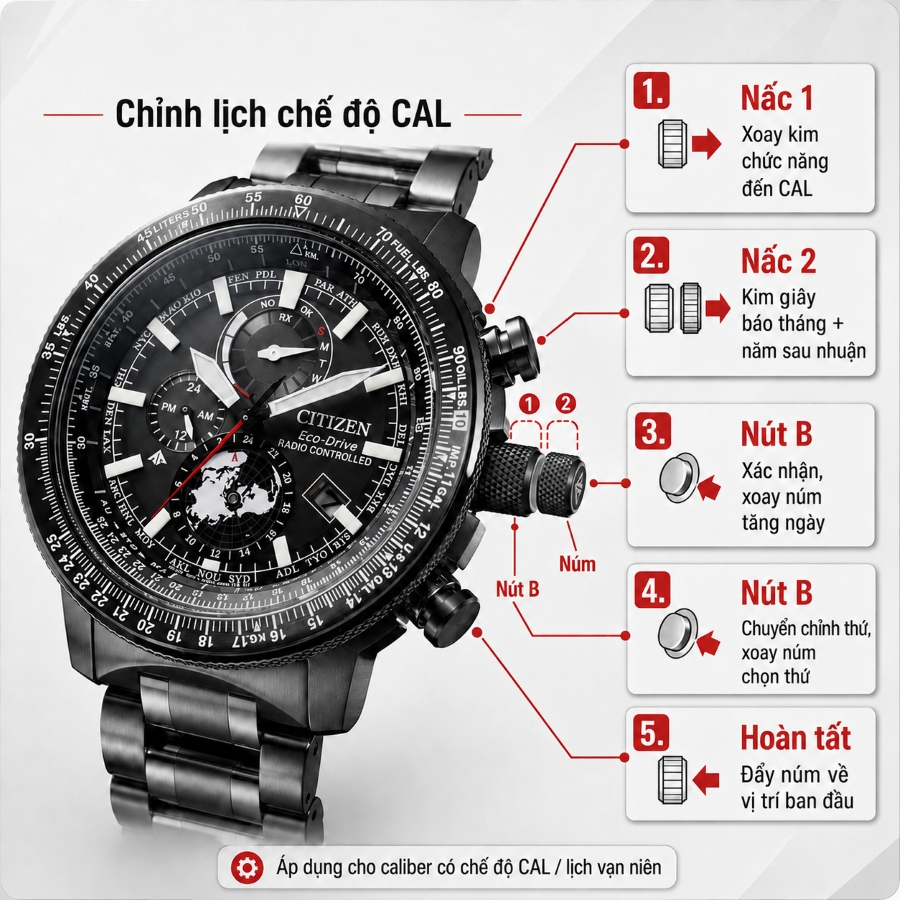 Hướng dẫn chỉnh lịch ngày ở chế độ CAL trên đồng hồ Citizen Eco-Drive Radio Controlled đa năng E690.