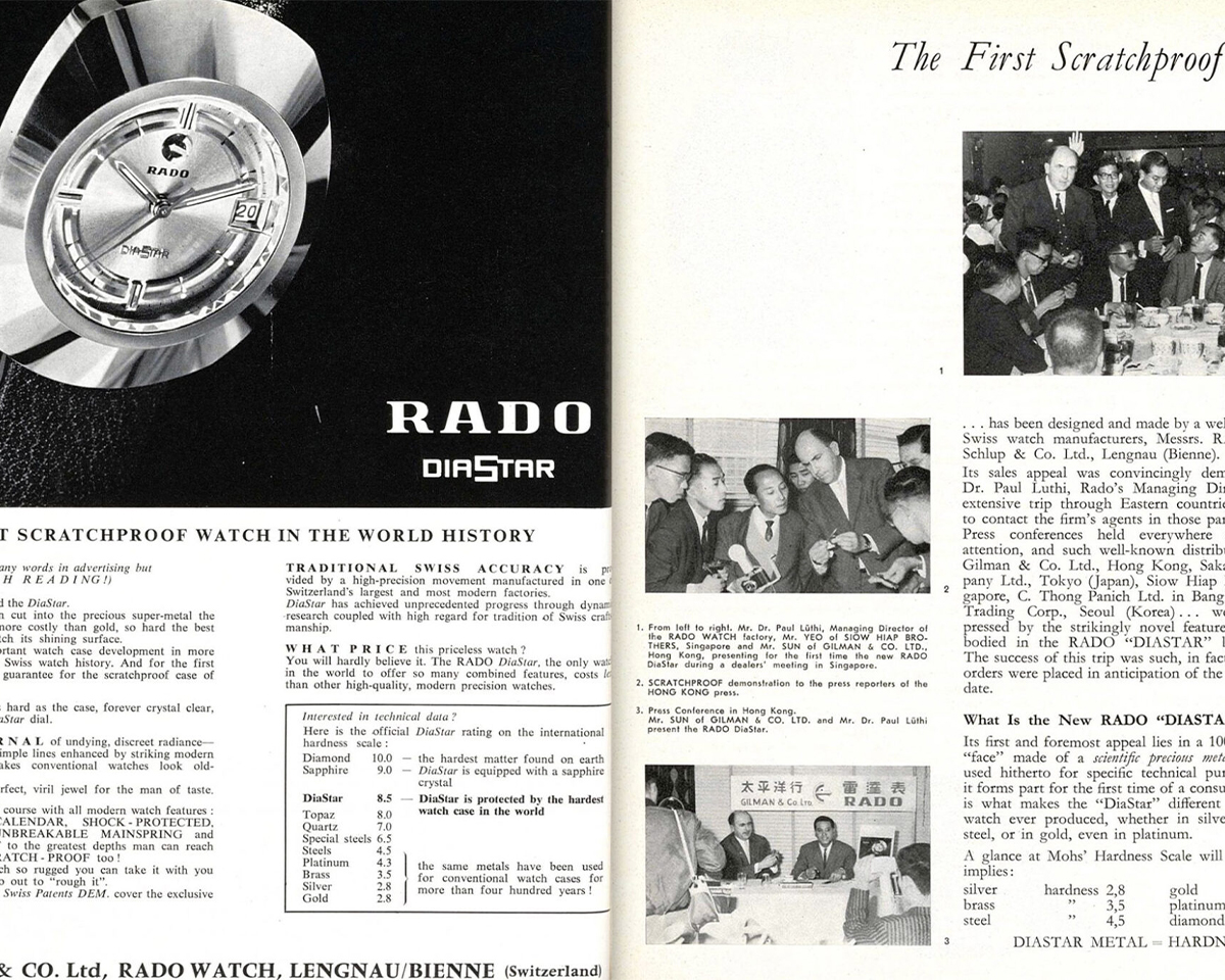 Chiếc Rado DiaStar năm 1962 sở hữu vỏ hardmetal hình khiên và kính sapphire chống trầy hiệu quả cao.