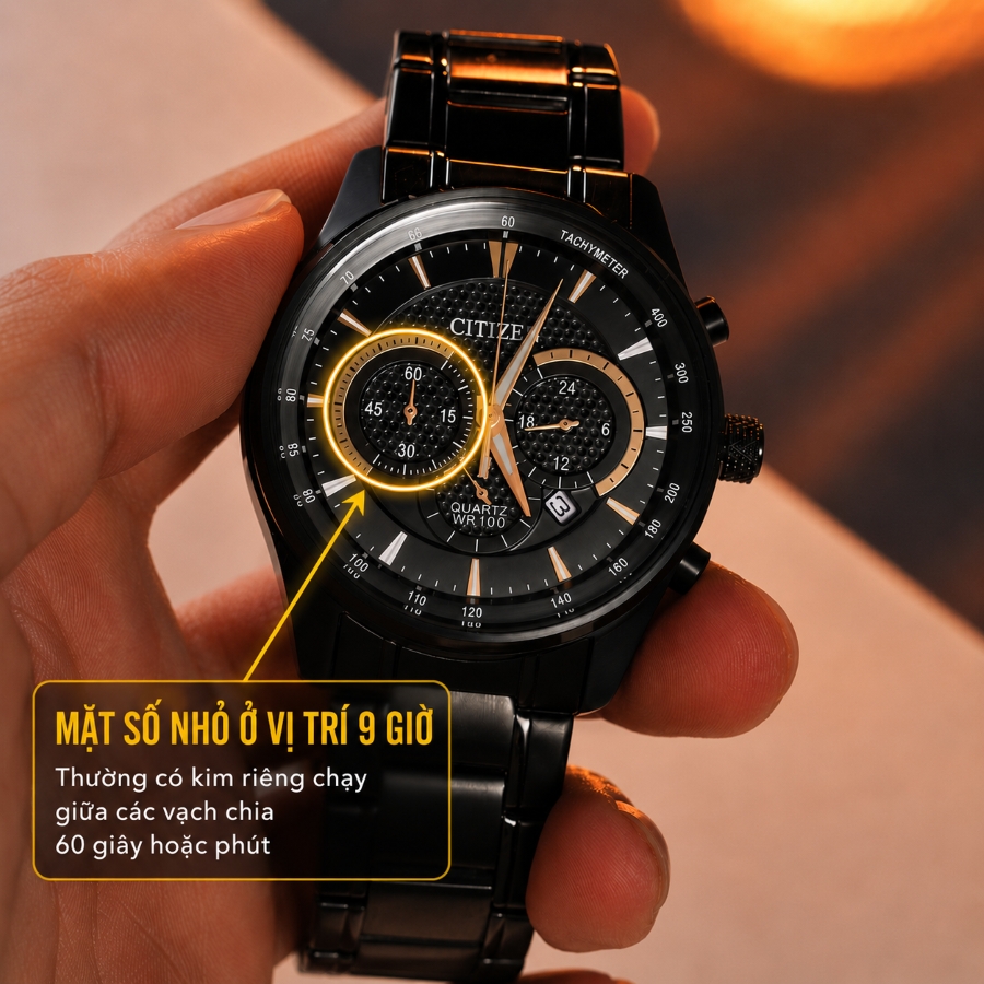 Dấu hiệu nhận biết Citizen Chronograph qua mặt số phụ và kim bấm giờ.