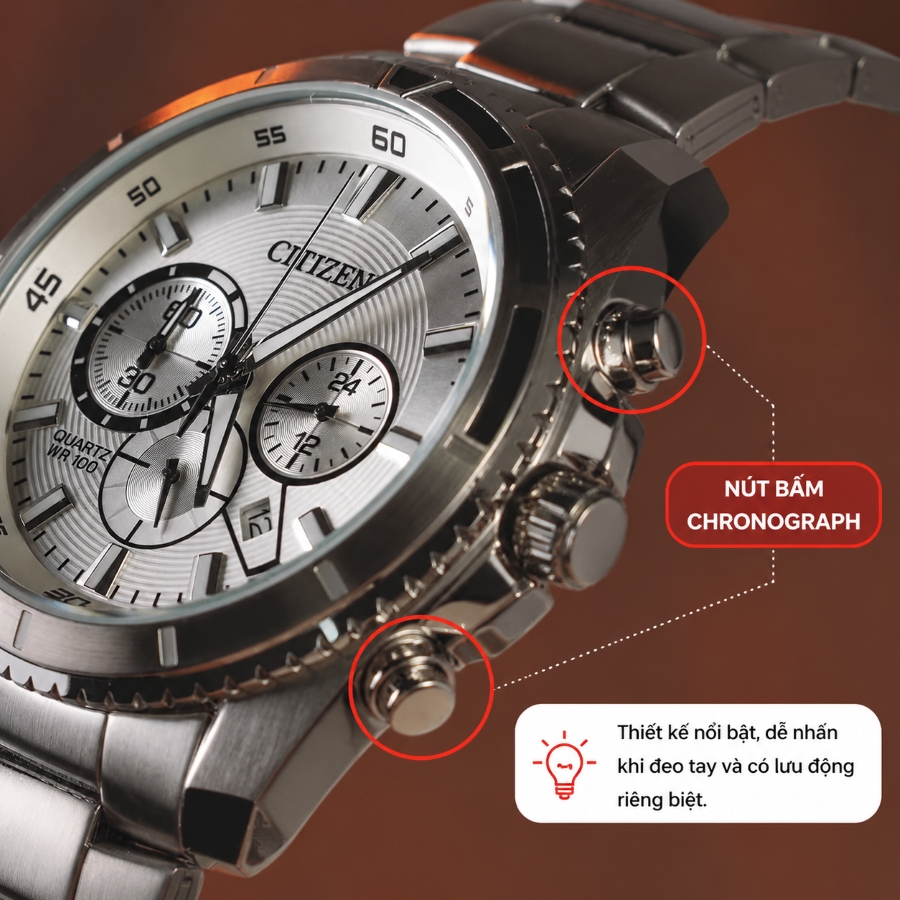 Đồng hồ Citizen Chronograph 6 kim với nút bấm điều khiển chức năng bấm giờ.