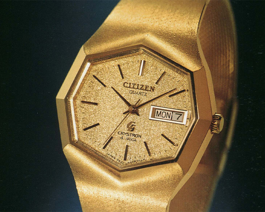Đồng hồ Citizen Crystron Mega 1975, cột mốc thể hiện hướng đi về độ chính xác cao của Citizen trong kỷ nguyên quartz Nhật Bản hiện đại.