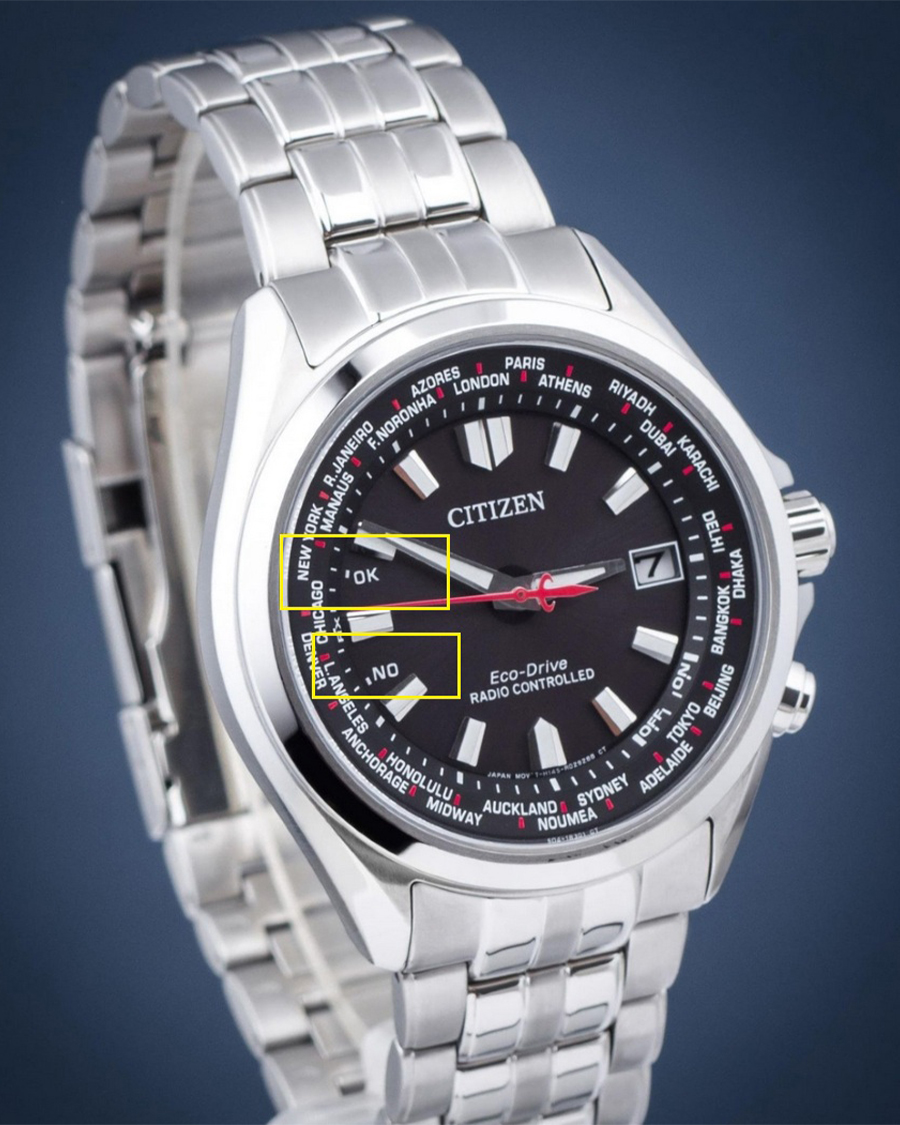 Citizen CB0220-85E hiển thị các ký hiệu RX, OK và NO liên quan đến trạng thái nhận tín hiệu.