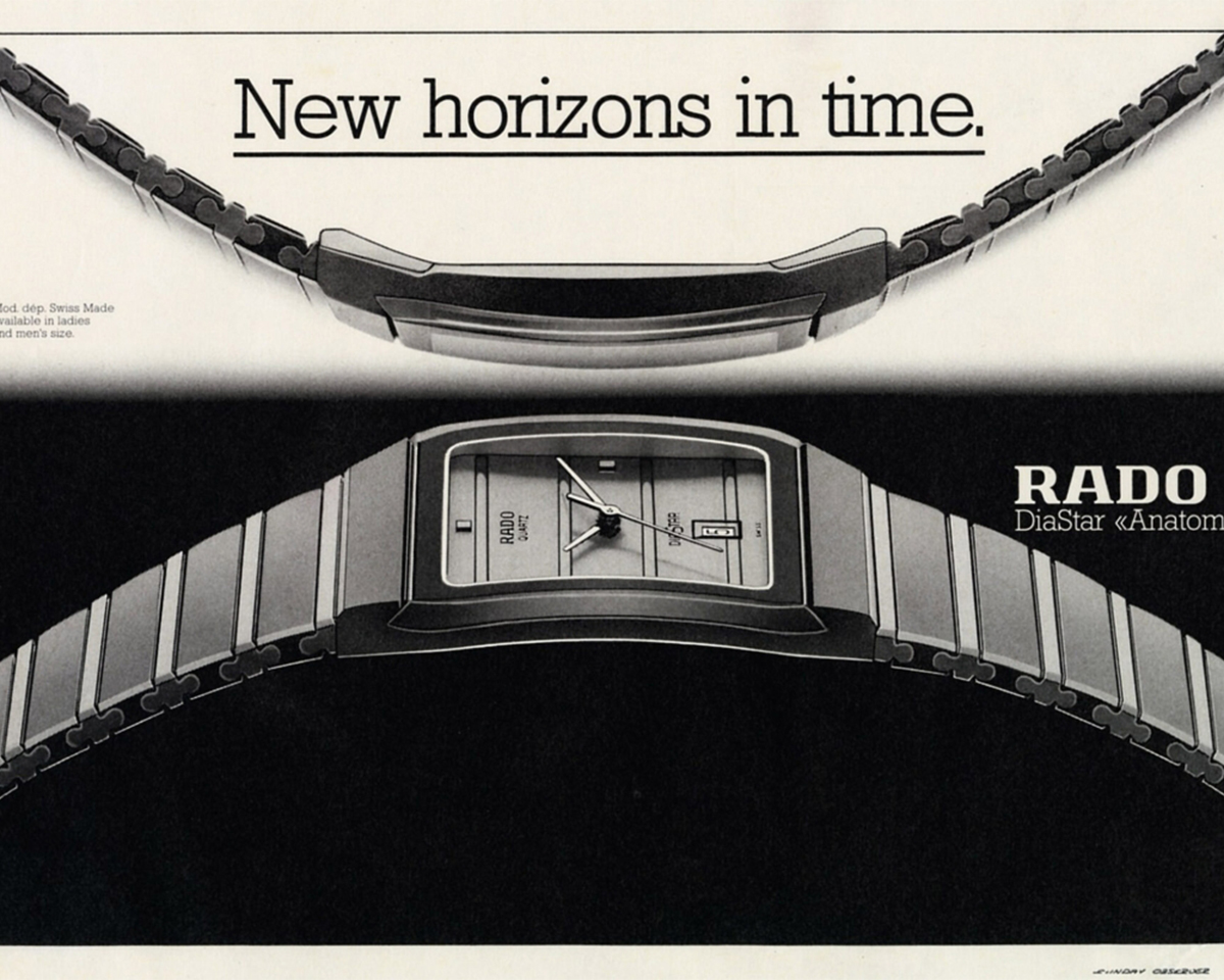 Mẫu Rado DiaStar Atom với thân vỏ hardmetal, minh họa bước đột phá chống trầy của Rado vào năm 1962.