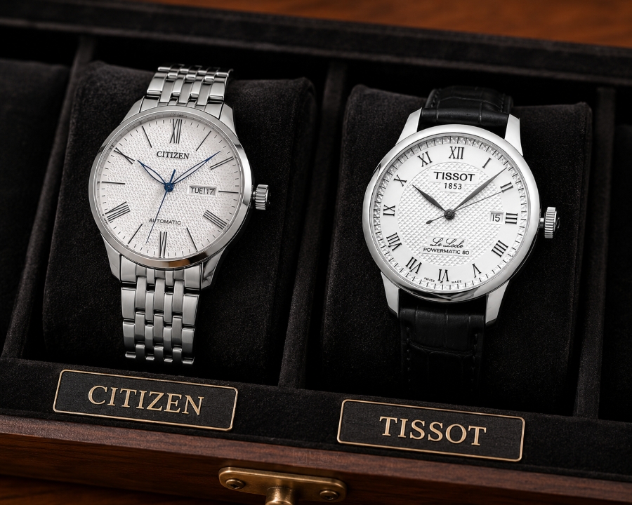 Hai mẫu đồng hồ Tissot và Citizen đặt cạnh nhau.
