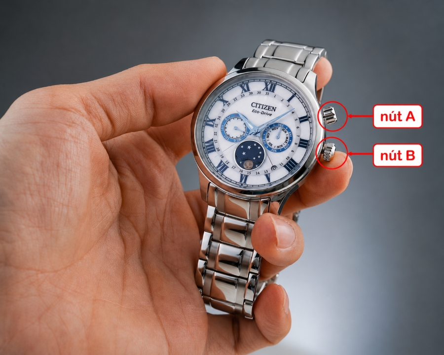 Vị trí nút A phía trên và núm B phía dưới trên đồng hồ Citizen Eco-Drive Moonphase dây thép bạc này.