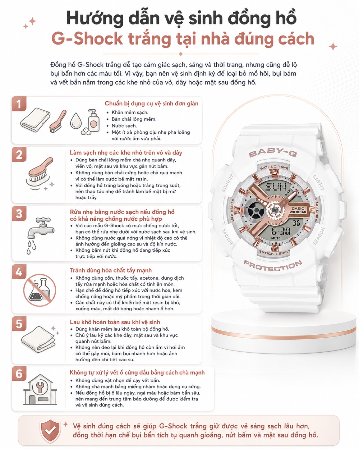Hướng dẫn vệ sinh đồng hồ G-Shock trắng tại nhà đúng cách.