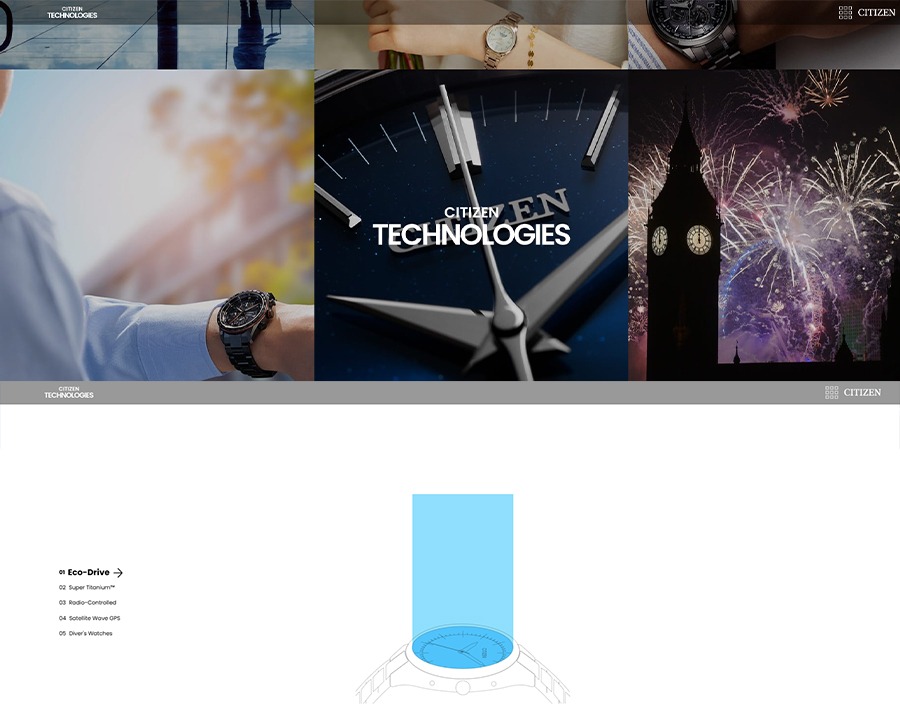 Chuyên mục Technologies trên website Citizen toàn cầu giới thiệu các công nghệ như Eco-Drive và Super Titanium.